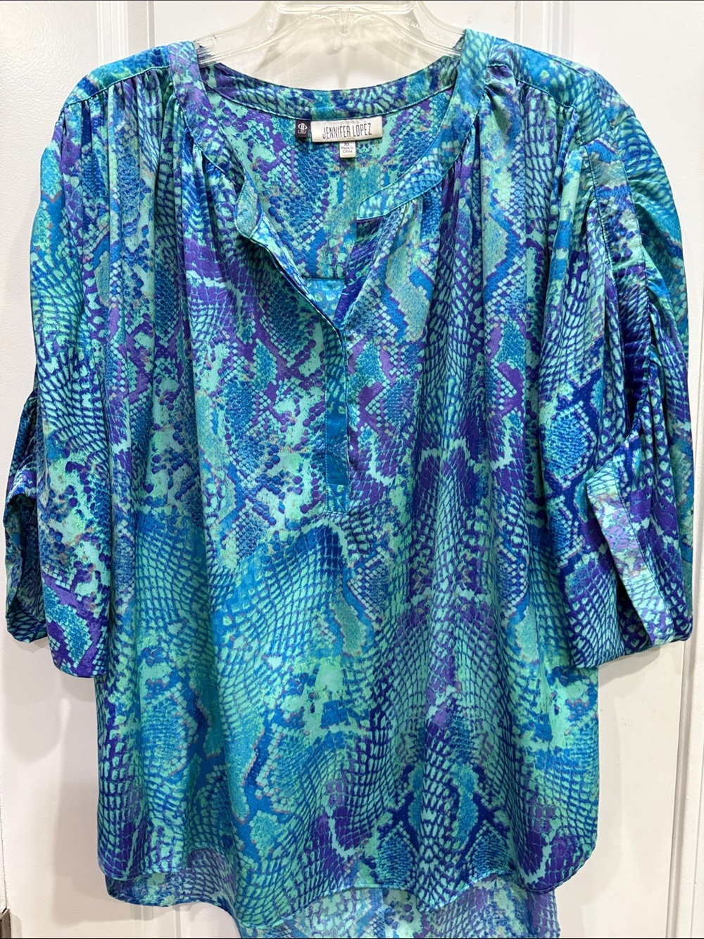 Jennifer Lopez Blue Teal Snake-Print Tunic Blouse